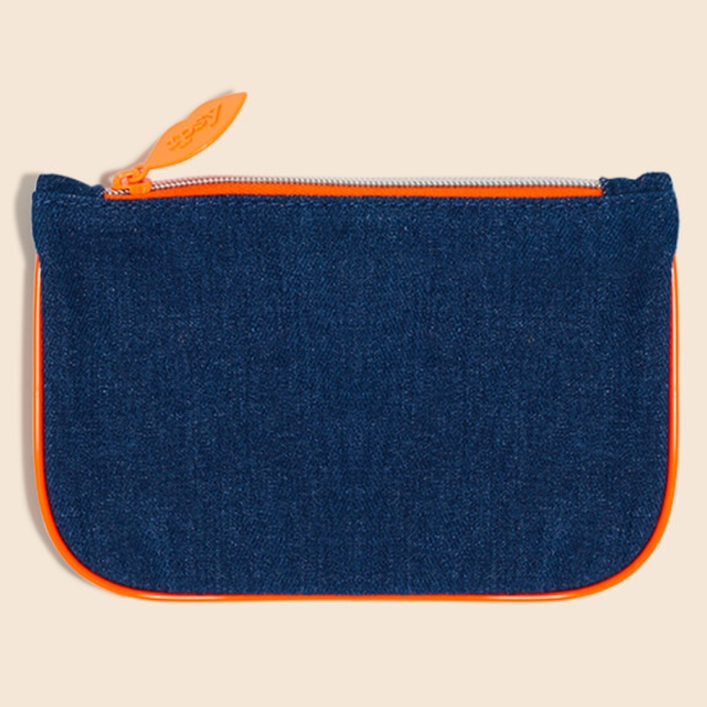 Denim/neon orange makeup bag